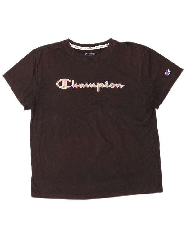 CHAMPION Γυναικείο γραφικό T-Shirt Top UK 16 Large μαύρο βαμβακερό