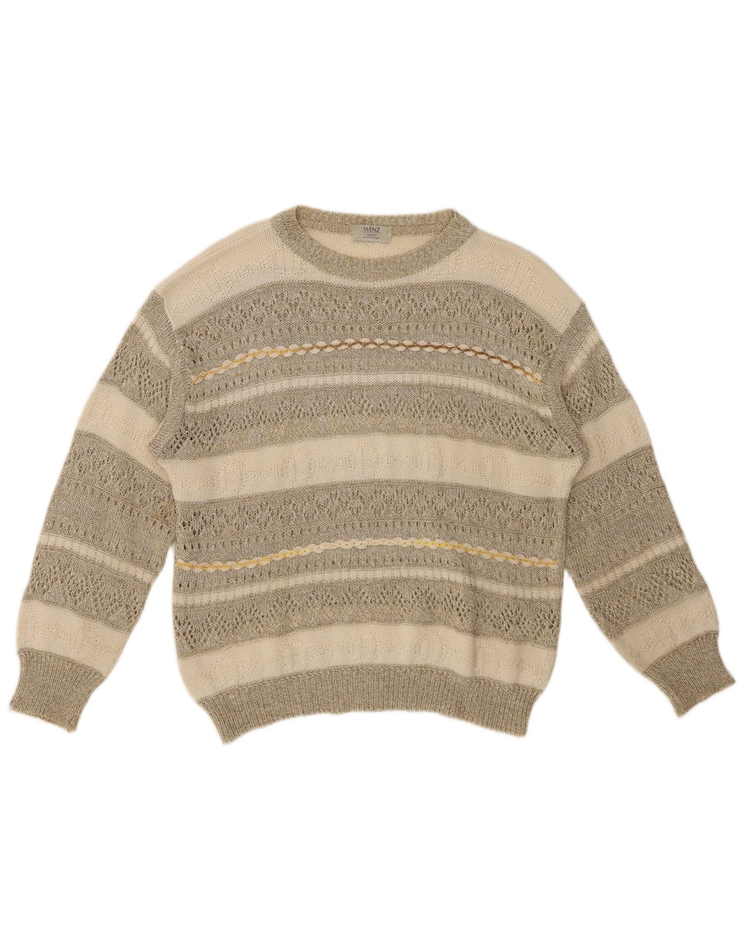 VINTAGE Γυναικείο πουλόβερ με λαιμόκαυστο UK 14 Μεγάλο μπεζ ριγέ βαμβακερό