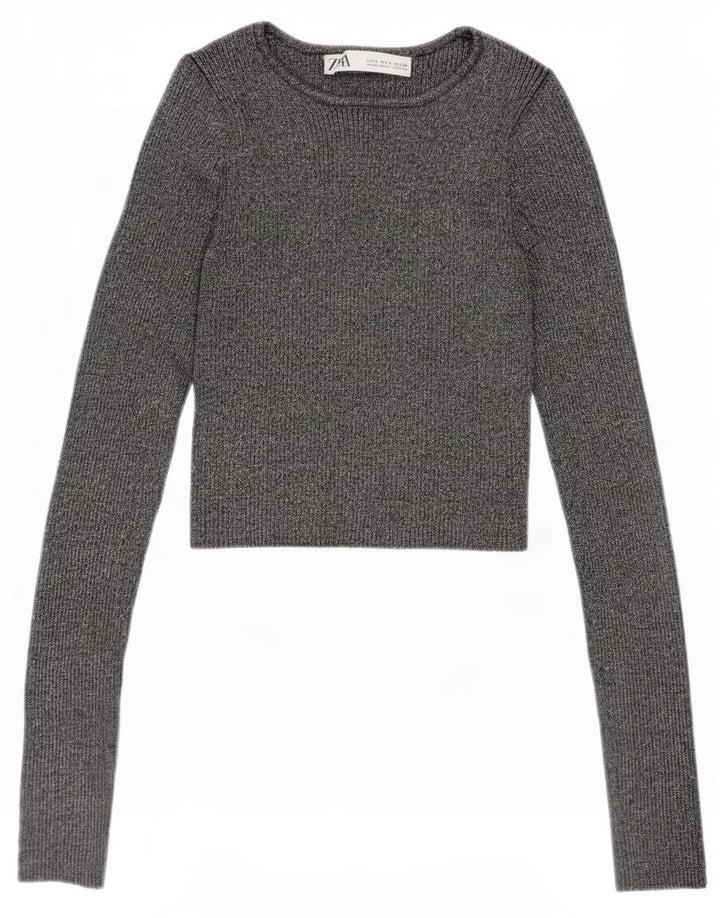 Zara Γυναικεία Crop Μπλούζα Τοπ UK 8 Small Silver Flecked Viscose