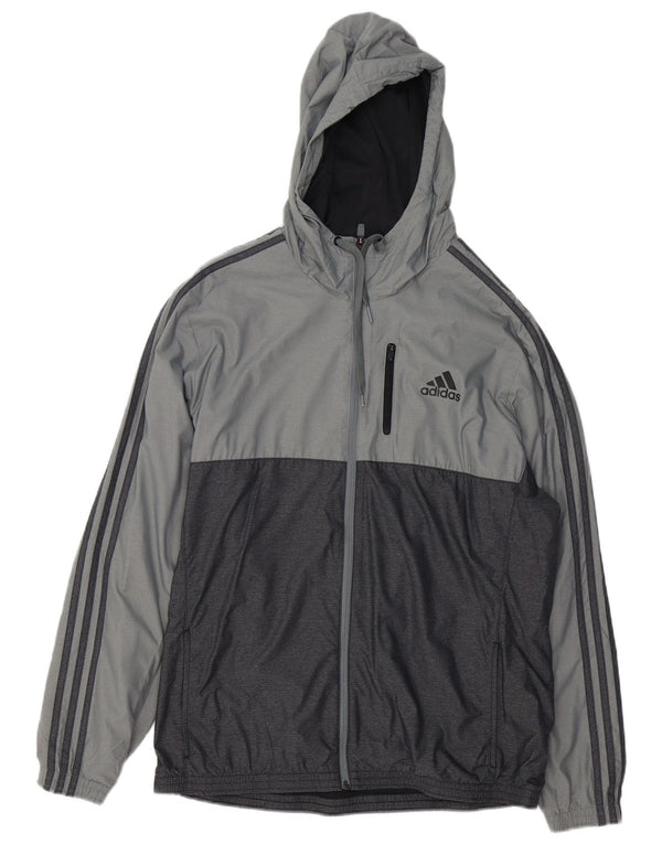 ADIDAS Mens Hooded Tracksuit Top Jacket Large Grey Colourblock Nylon