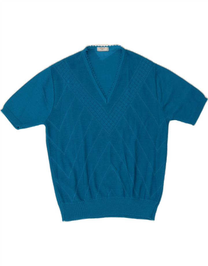 VINTAGE Womens V-Neck Jumper Sweater UK 14 Medium Blue Chevron Vintage Vintage and Second-Hand Vintage from Messina Hembry 