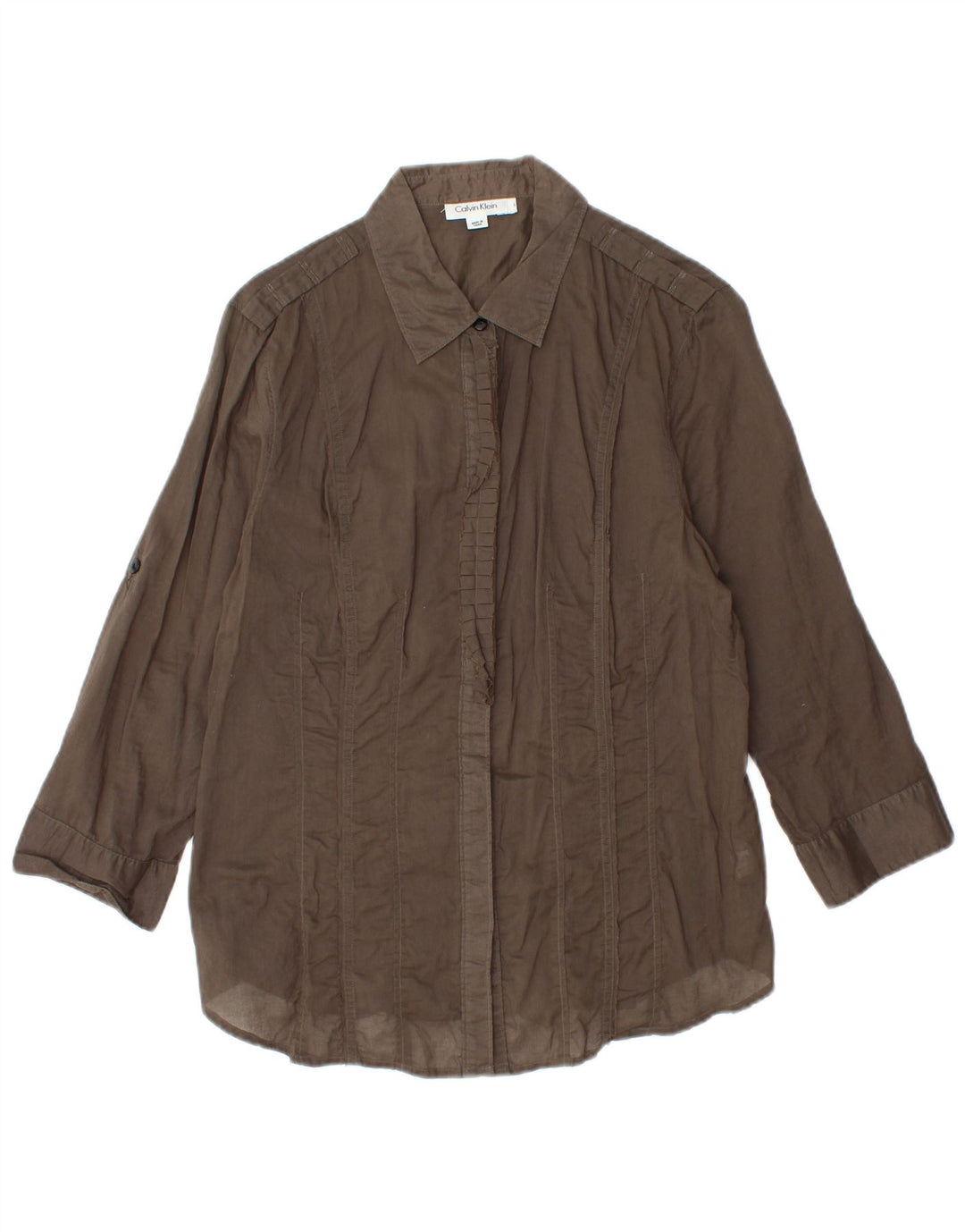 CALVIN KLEIN Γυναικείο πουκάμισο 3/4 με βολάν μπροστά UK 14 μεγάλο καφέ βαμβακερό
