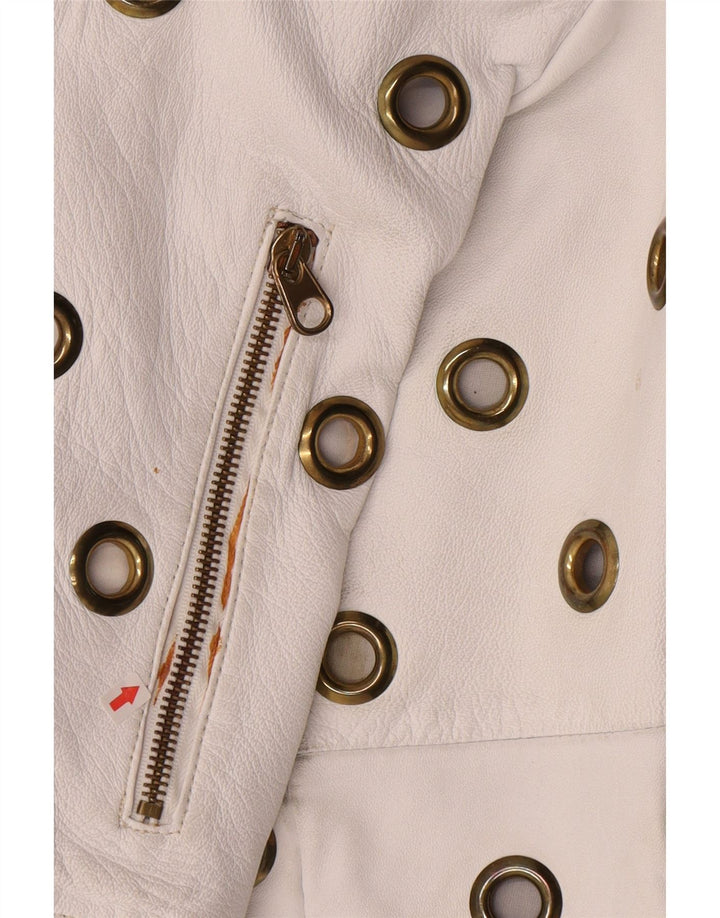 Vintage Γυναικείο Crop Δερμάτινο Μπουφάν UK 10 Small White Leather