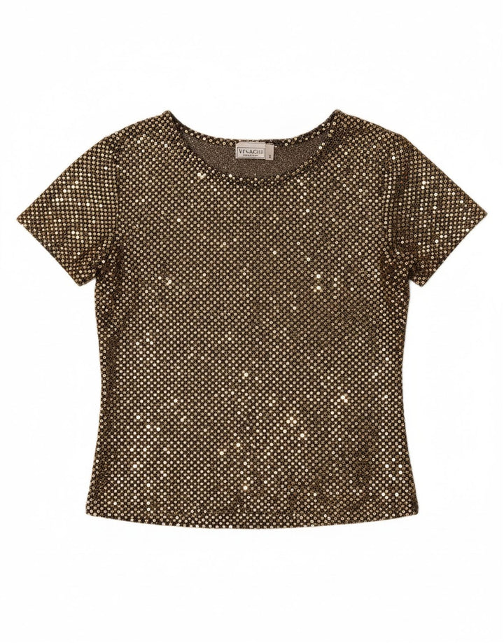 VINTAGE Womens Blouse Top UK 14 Medium Gold Polyester