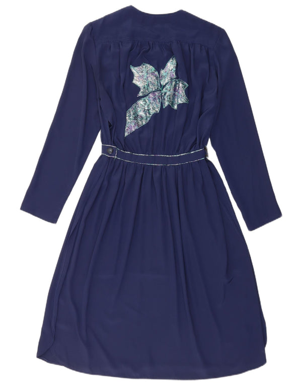 Vintage γραφικό γυναικείο μακρυμάνικο φόρεμα Α-γραμμής UK 14 Medium Navy Blue