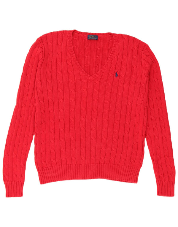 Polo Ralph Lauren Womens V-Neck Jumper Sweater UK 14 Large Red Cotton