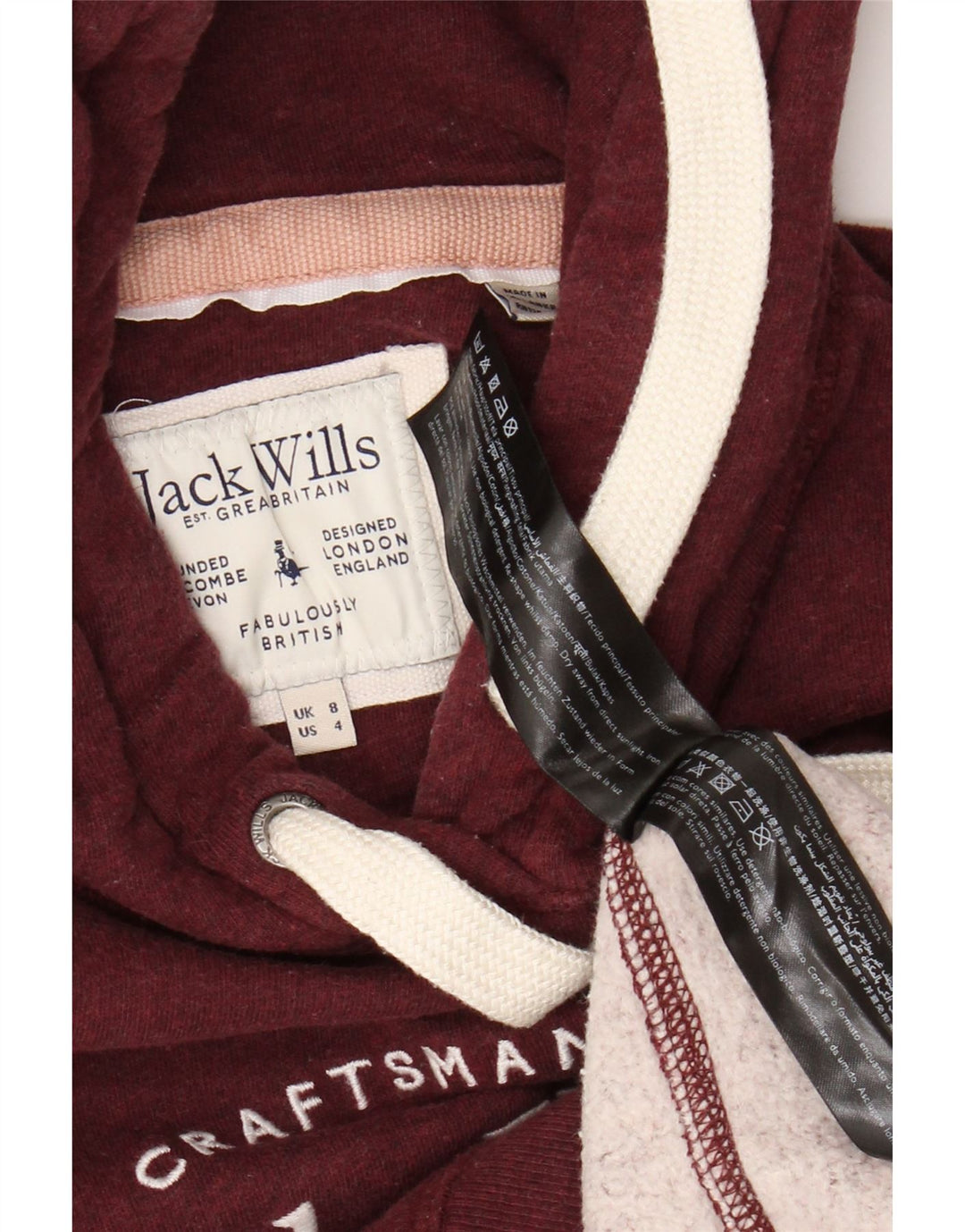 Jack Wills Γυναικείο Γραφικό Φούτερ με κουκούλα UK 8 Μικρό βαμβακερό μπορντό