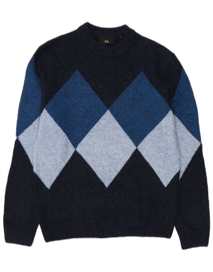 Ανδρικό πουλόβερ με λαιμόκοψη C & A Small Navy Blue Argyle/Diamond
