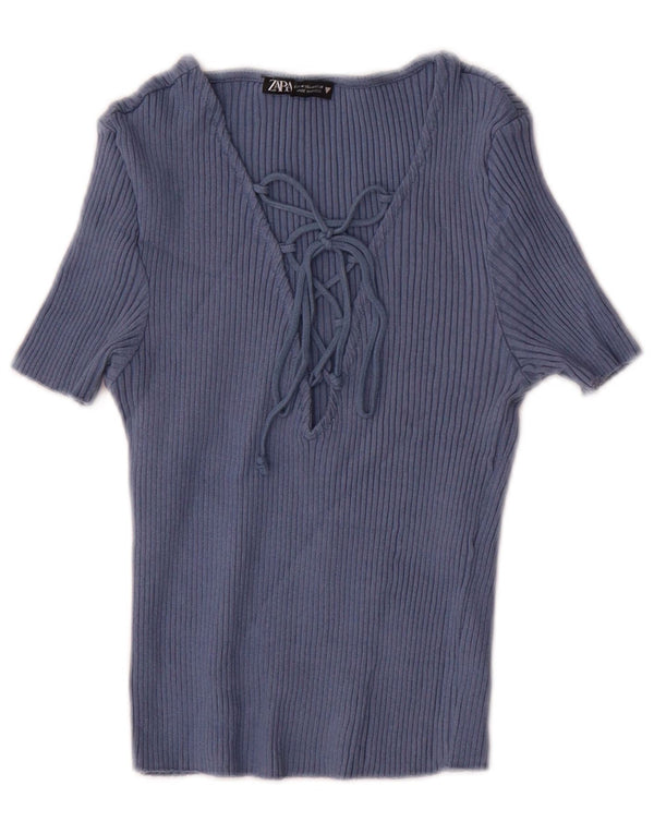 Zara Γυναικεία Μπλούζα Crop Top UK 12 Medium Navy Blue Cotton