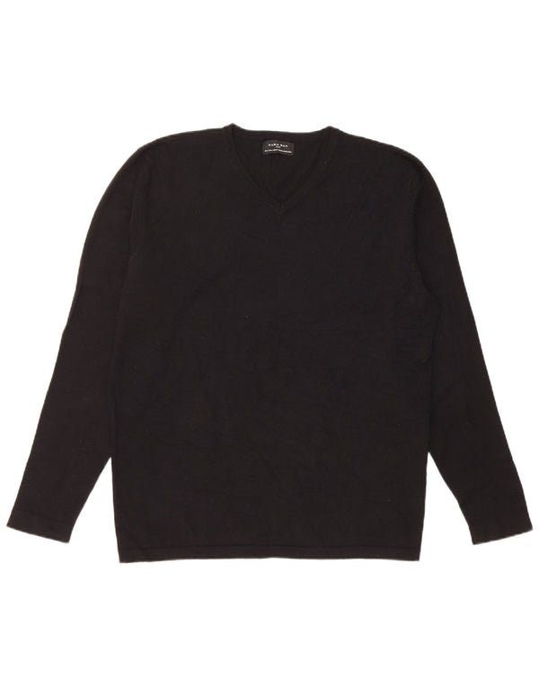 Zara Mens V-Neck Jumper Sweater Large Black Viscose