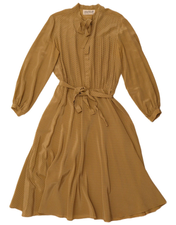 VINTAGE Γυναικεία γραβάτα μπροστινή μακρυμάνικη μάξι φόρεμα EU 44 XL καφέ στίγματα