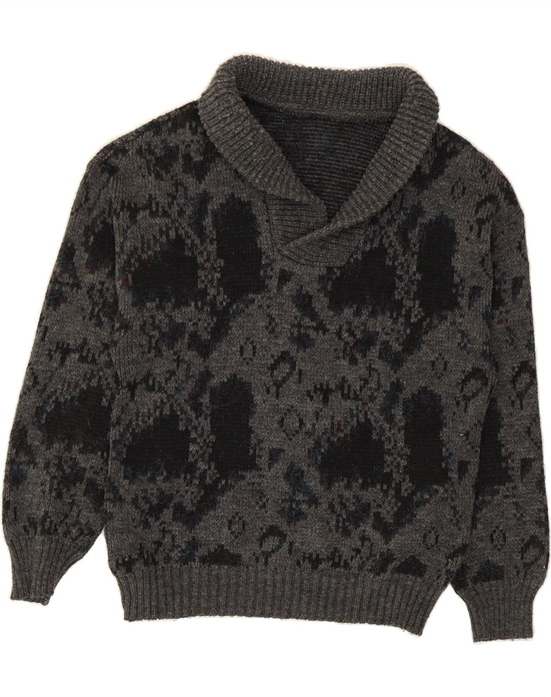 VINTAGE Womens Abstract Pattern Shawl Neck Jumper Sweater UK 16 Large Grey Vintage Vintage and Second-Hand Vintage from Messina Hembry 