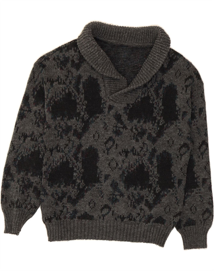 VINTAGE Womens Abstract Pattern Shawl Neck Jumper Sweater UK 16 Large Grey Vintage Vintage and Second-Hand Vintage from Messina Hembry 