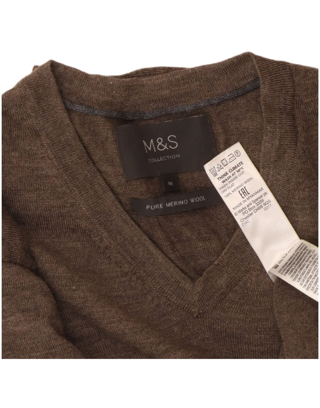 MARKS & SPENCER Ανδρικό πουλόβερ με λαιμόκοψη σε μεσαίο καφέ μαλλί Merino