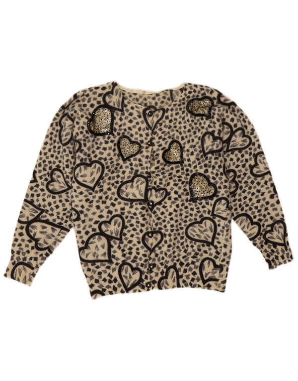 Vintage Womens Cardigan Sweater UK 10 Small Beige Animal Print Lambswool