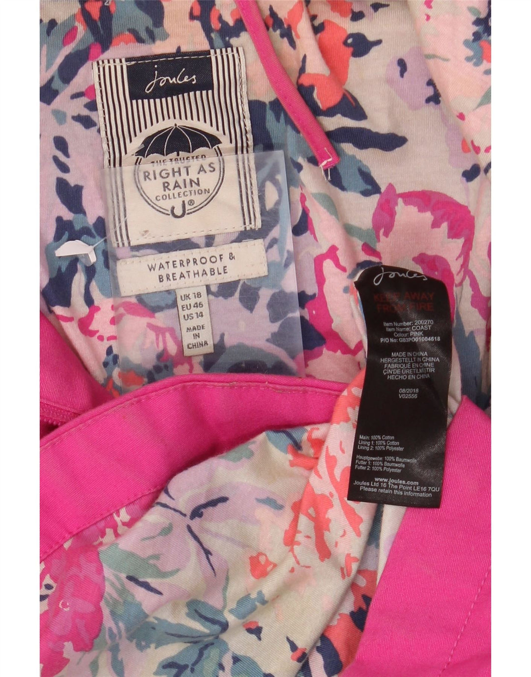 JOULES Γυναικείο μπουφάν βροχής με κουκούλα UK 18 XL Ροζ Βαμβακερό