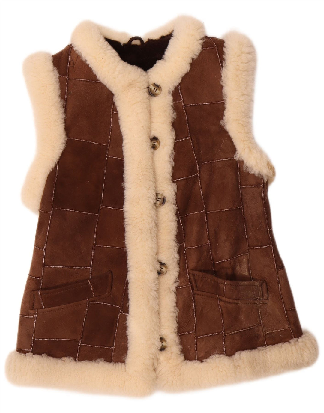 VINTAGE Γυναικείο Shearling Gilet EU 36 Μικρό Καφέ Δέρμα Patchwork