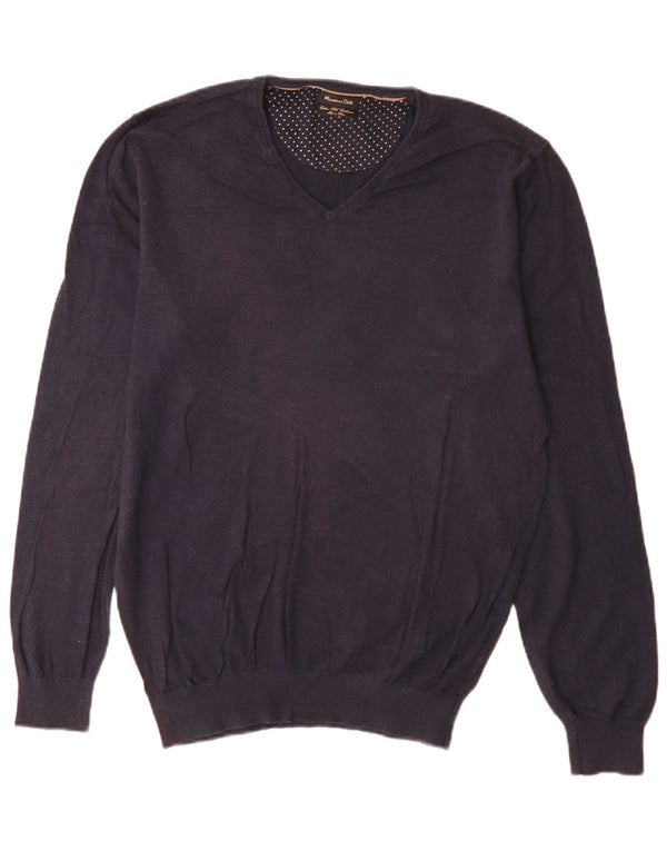 Massimo Dutti Ανδρικό πουλόβερ με λαιμόκοψη με V λαιμόκοψη Μεγάλο μπλε βαμβακερό