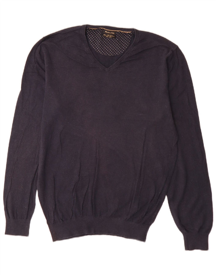 Massimo Dutti Ανδρικό πουλόβερ με λαιμόκοψη με V λαιμόκοψη Μεγάλο μπλε βαμβακερό