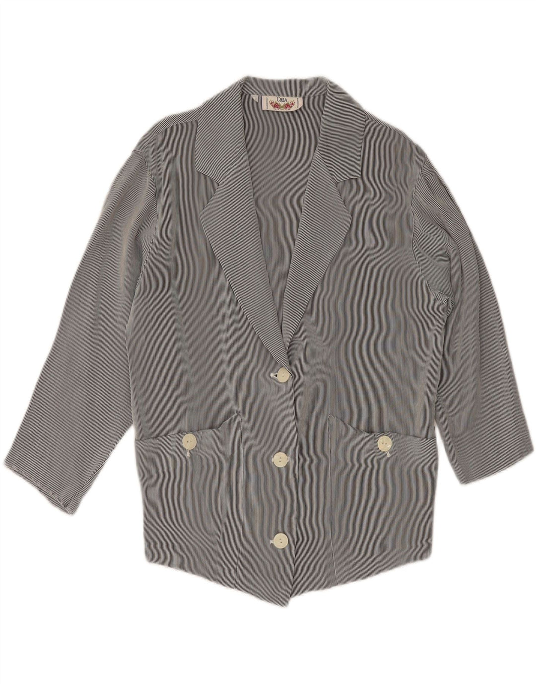 CREA Womens 3 Button Blazer Jacket UK 12 Medium Grey Pinstripe Rayon Vintage Crea and Second-Hand Crea from Messina Hembry 