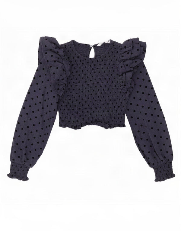 Zara Γυναικεία Crop Μπλούζα Τοπ UK 4 XS Navy Blue πουά Βαμβακερό