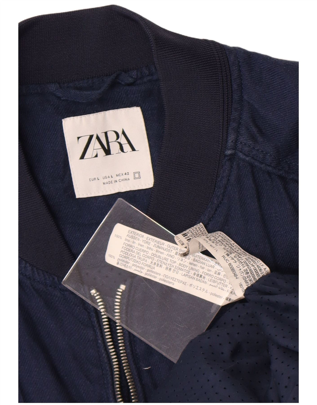 Zara Ανδρικό Bomber Jacket UK 40 Large Navy Blue Linen