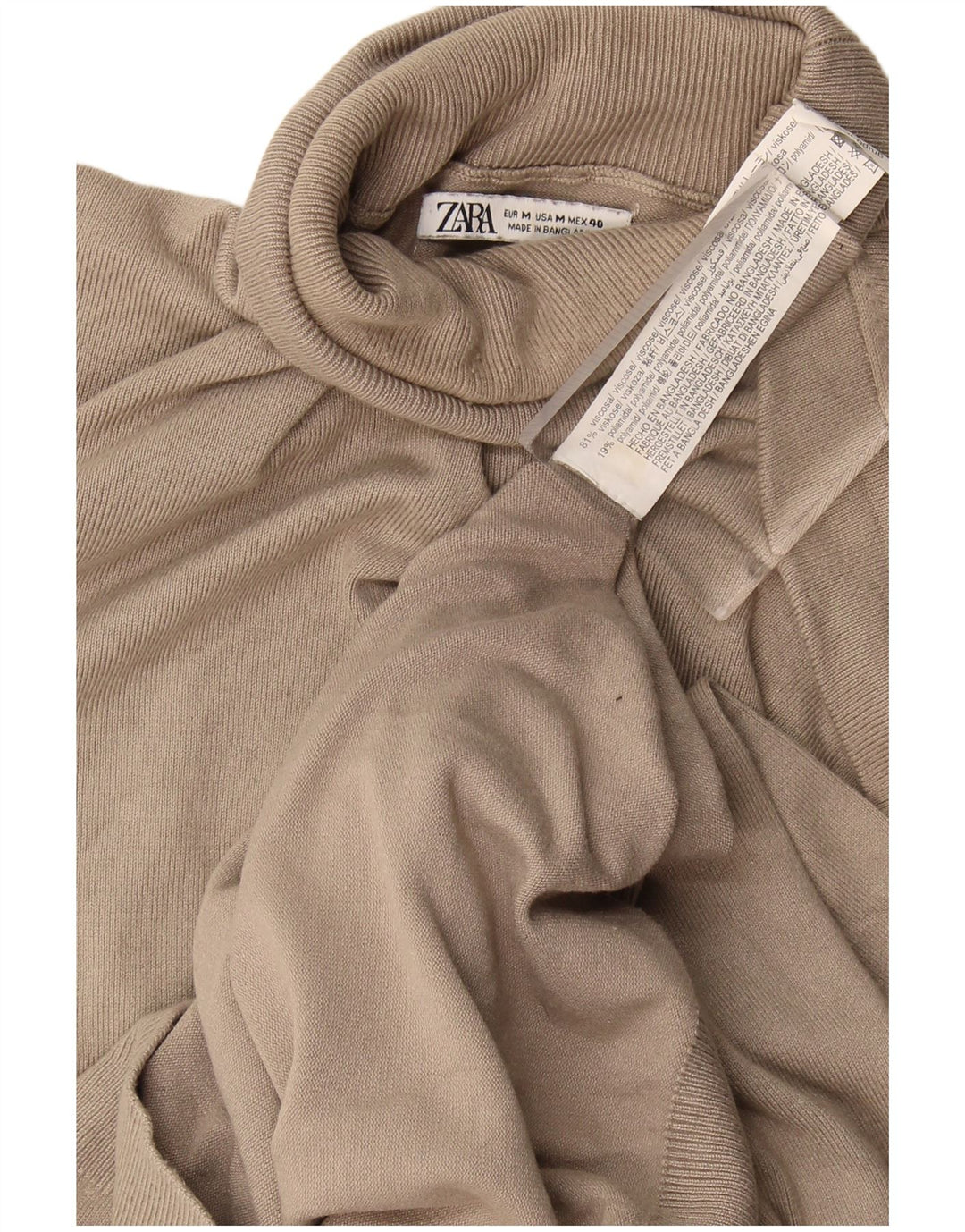 Zara γυναικείο πουλόβερ με ρολό λαιμόκοψη UK 14 μεσαία μπεζ βισκόζη