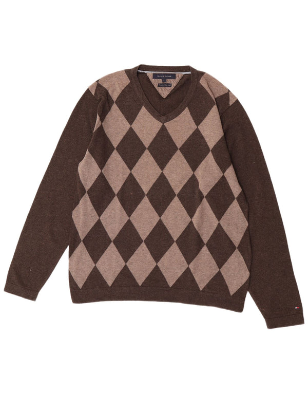 Tommy Hilfiger Ανδρικό πουλόβερ με λαιμόκοψη V Large Καφέ Argyle/Βαμβακερό Διαμάντι
