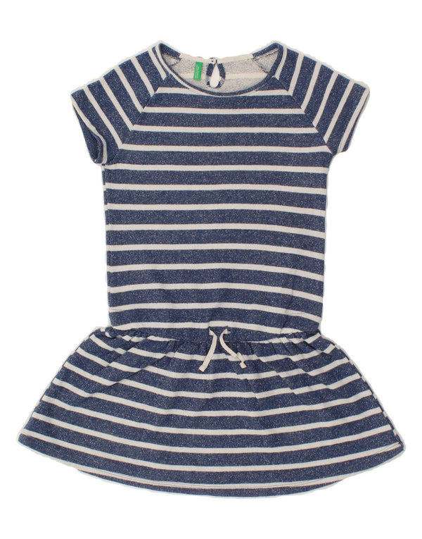 BENETTON Girls Drop Waist Dress 8-9 Years Large Blue Striped Cotton