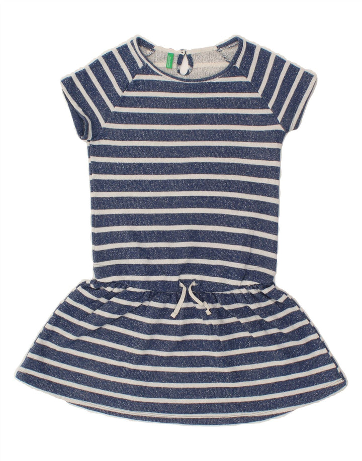 BENETTON Girls Drop Waist Dress 8-9 Years Large Blue Striped Cotton Vintage Benetton and Second-Hand Benetton from Messina Hembry 