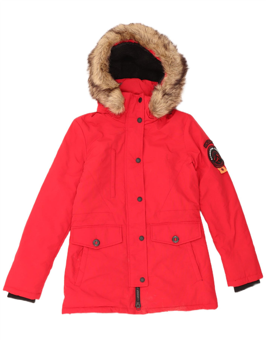 Superdry γυναικείο μπουφάν Parka με κουκούλα μεγάλου μεγέθους UK 10 Small Red Nylon