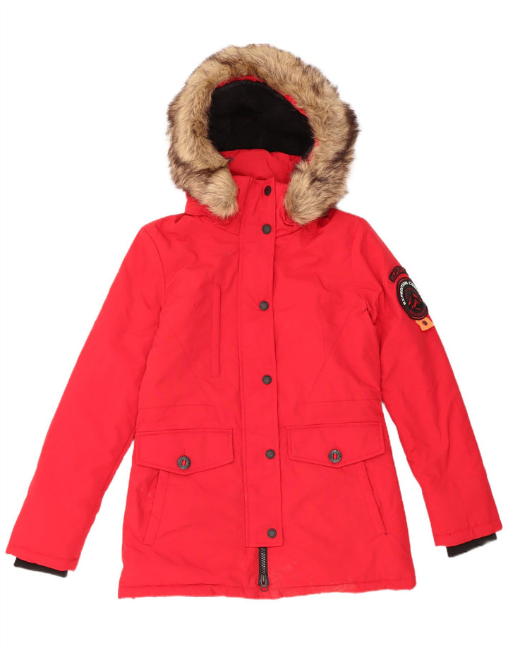 Superdry γυναικείο μπουφάν Parka με κουκούλα μεγάλου μεγέθους UK 10 Small Red Nylon