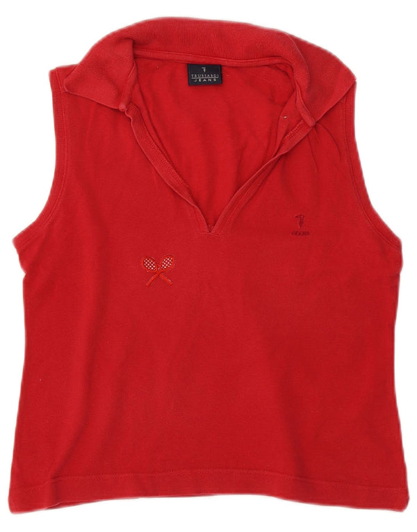 Trussardi Jeans Γυναικείο αμάνικο Crop Polo πουκάμισο UK 10 Small κόκκινο βαμβακερό