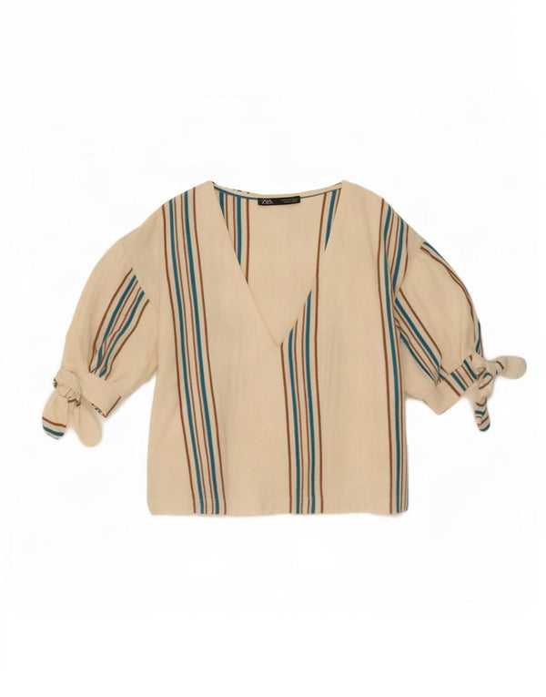 Zara Γυναικεία Crop Μπλούζα Τοπ UK 10 Small White ριγέ βαμβακερό