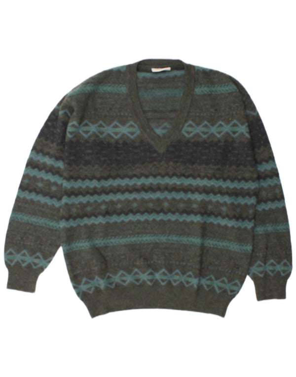 Rodes Mens V-Neck Jumper Sweater XL Green Geometric Wool