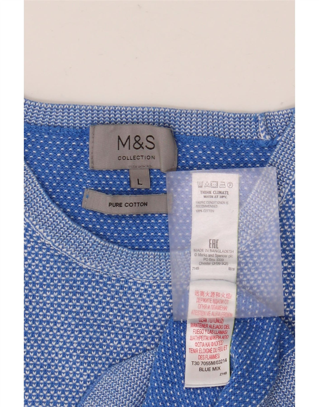 Ανδρικό πουλόβερ με λαιμόκοψη MARKS & SPENCER Μεγάλο μπλε βαμβακερό