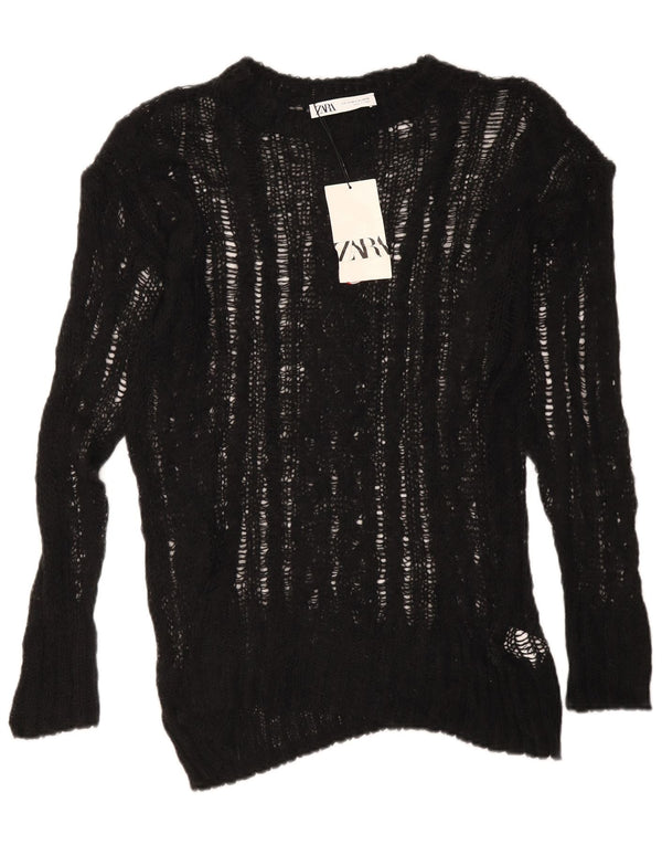 Zara Γυναικεία See Through Oversized πουλόβερ με λαιμόκοψη UK 6 XS Μαύρο