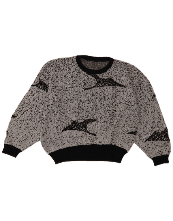 Vintage γυναικείο Crop Abstract Pattern πουλόβερ με λαιμόκοψη UK 18 XL Γκρι