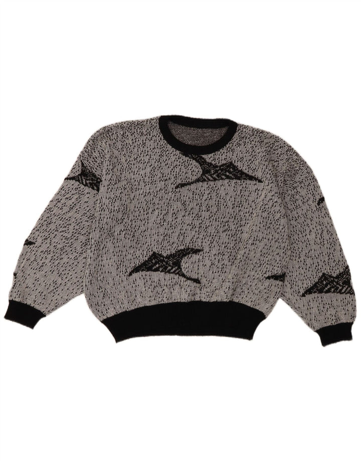 Vintage γυναικείο Crop Abstract Pattern πουλόβερ με λαιμόκοψη UK 18 XL Γκρι