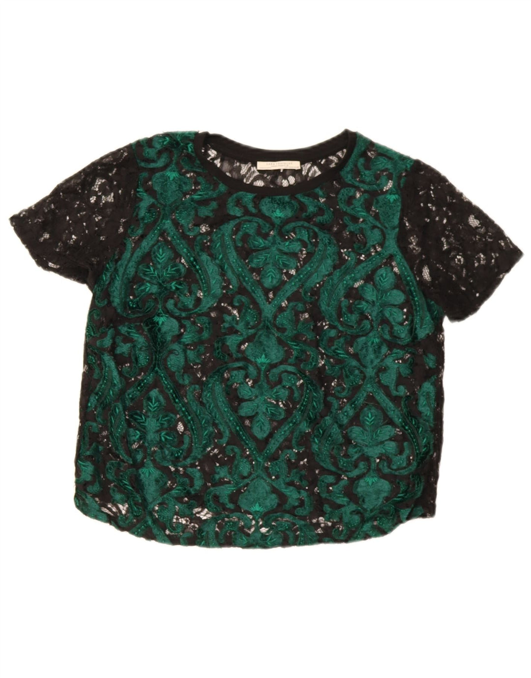 Zara Γυναικεία Μπλούζα Crop Top UK 14 Medium Green Paisley