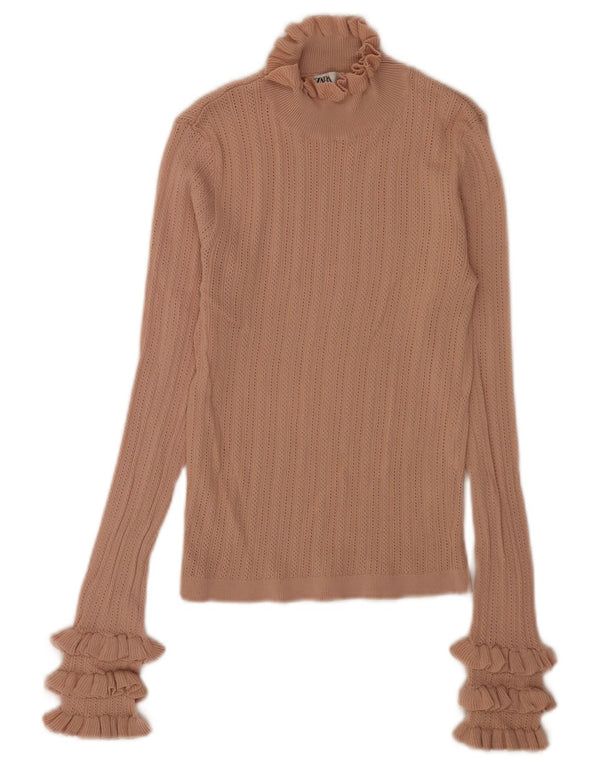 Zara Γυναικείο Crop Top μακρυμάνικο UK 10 Small Beige Viscose