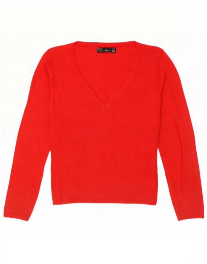 Zara Γυναικείο πουλόβερ με V λαιμόκοψη UK 12 Medium Red Rayon