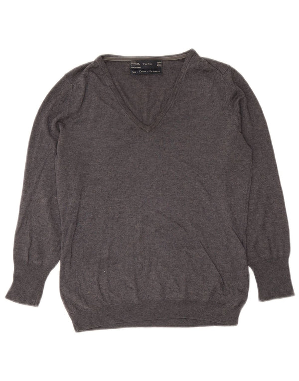 Zara Γυναικείο πουλόβερ με V λαιμόκοψη UK 12 Medium Grey Silk