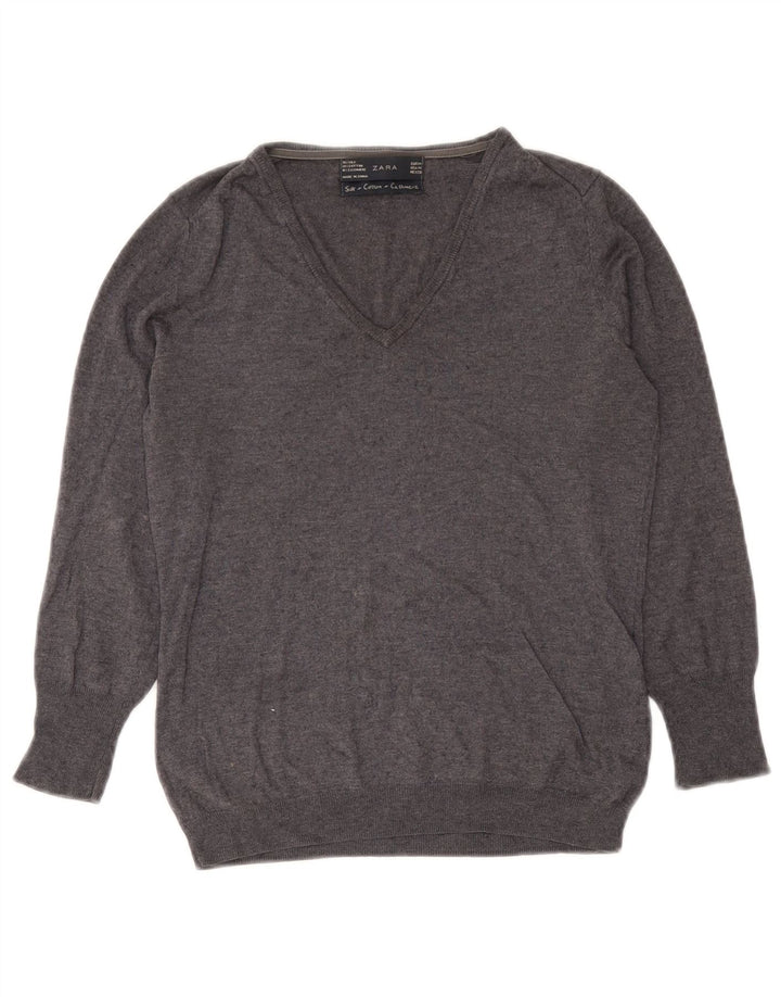 Zara Γυναικείο πουλόβερ με V λαιμόκοψη UK 12 Medium Grey Silk