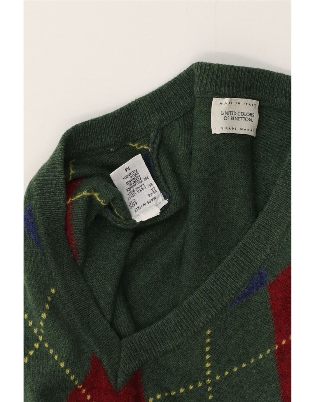 BENETTON Ανδρικό πουλόβερ με λαιμόκοψη με λαιμόκοψη σε μεσαίο πράσινο Argyle/Διαμαντένιο μαλλί