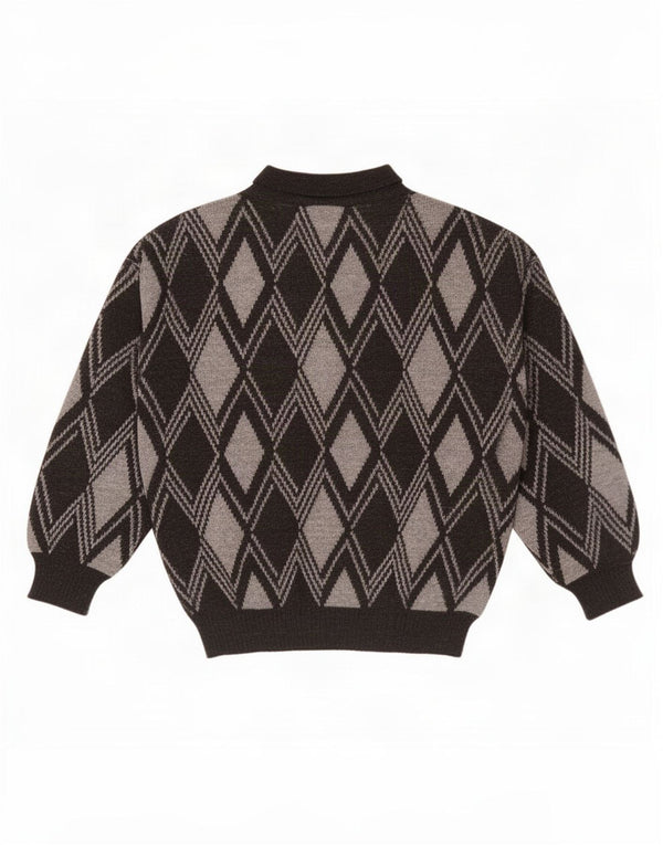 Vintage Mens Polo Neck Jumper Sweater XL Grey Argyle/Diamond