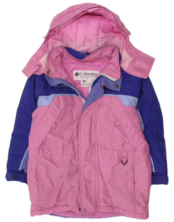 Columbia Girls Hooded Ski Jacket 5-6 Years Small Pink Colourblock