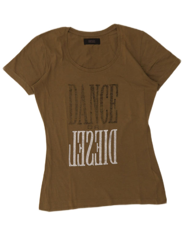 Diesel Γυναικείο γραφικό T-Shirt Top UK 10 Small Khaki Βαμβάκι