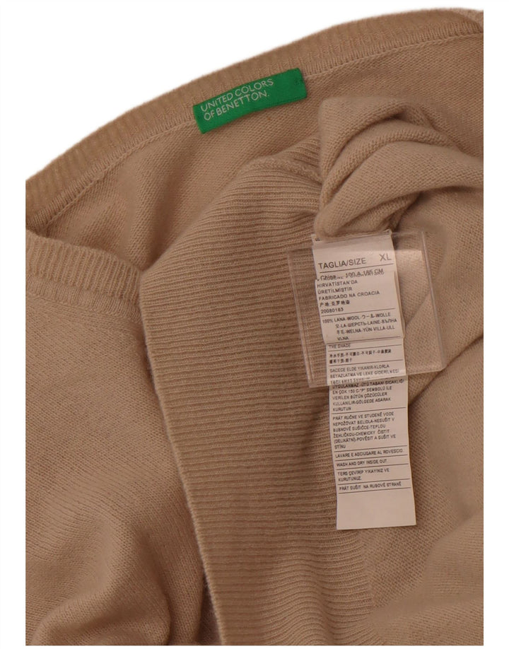 BENETTON Ανδρικό πουλόβερ με V λαιμόκοψη XL Μπεζ μαλλί
