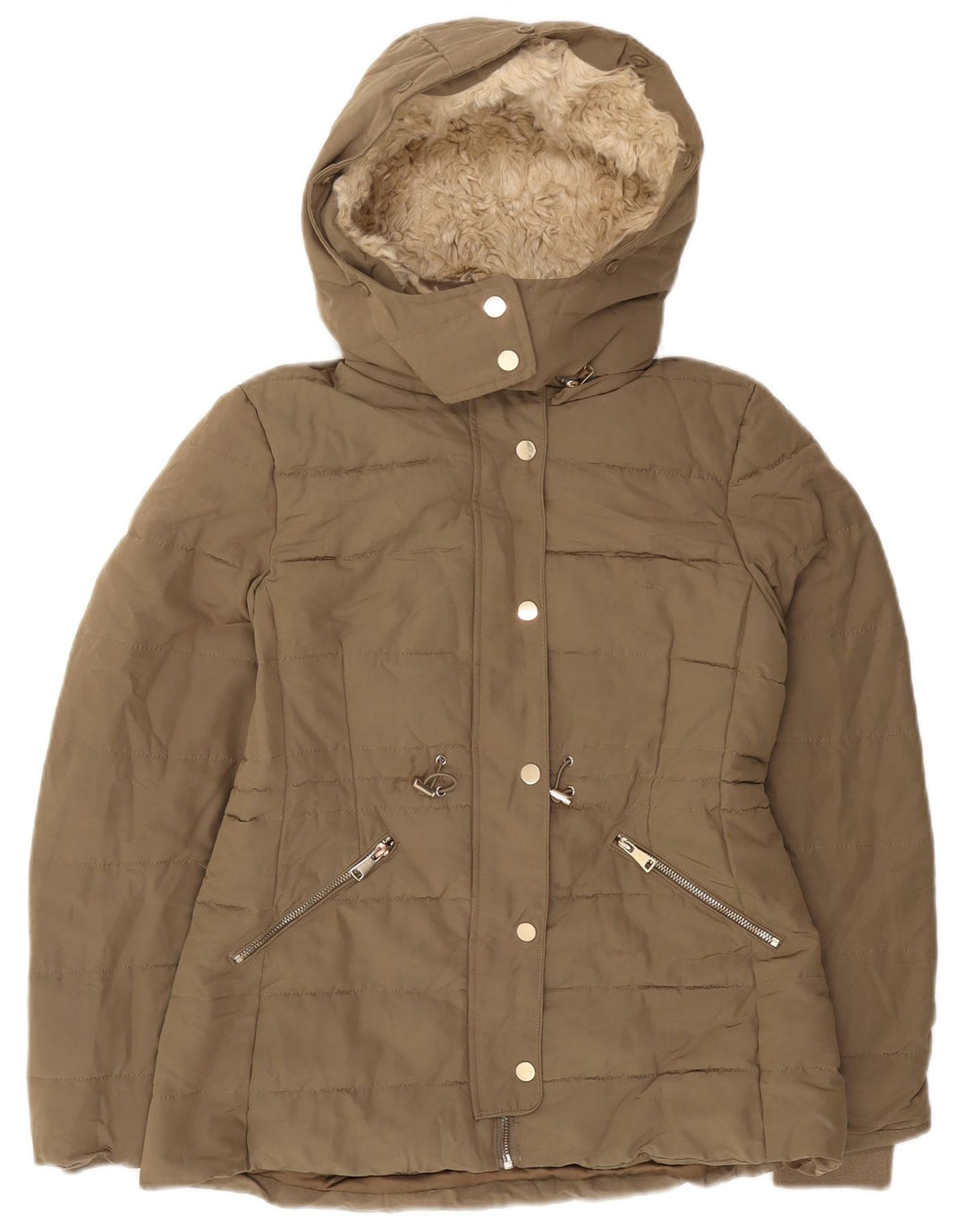 Zara Γυναικείο μπουφάν με κουκούλα Sherpa UK 10 Small Khaki Polyester